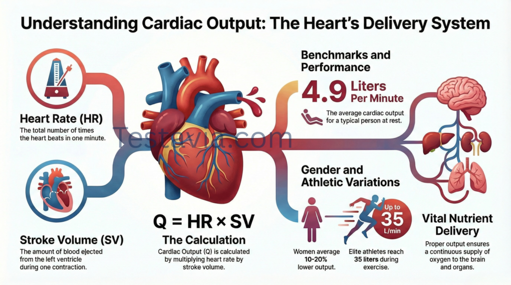 Cardiac output formula showing stroke volume times heart rate calculation