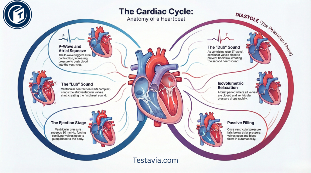 Complete cardiac cycle diagram showing diastole and systole phases in sequence